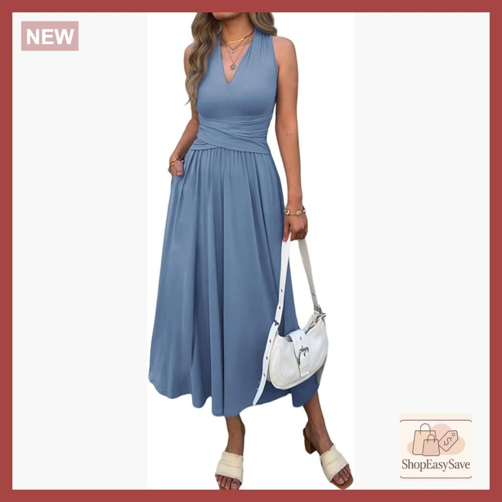 Sleeveless V-Neck Maxi Dress Elegant A-Line Flowy Long with Pockets